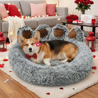 Bear Paw Shaped Donut Dog Bed & Cat Bed – Calming Warm Soft Plush Round Pet Mattress with Bonus Pet Scarf S M L XL 2XL Coffee Pink Grey Brown for Small Medium Large Dogs Cats