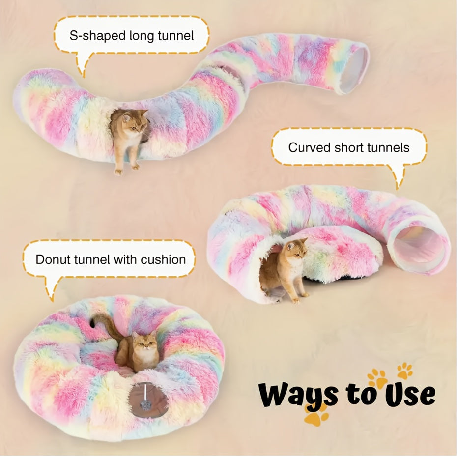 Cat Tunnel with Bed & Donut Peep Hole – Soft Plush Indoor Cat Toy, Multi-functional Hideout & Amusement Park for Cats, Kittens & Rabbits, Includes Pet Scarf, Small Medium Large