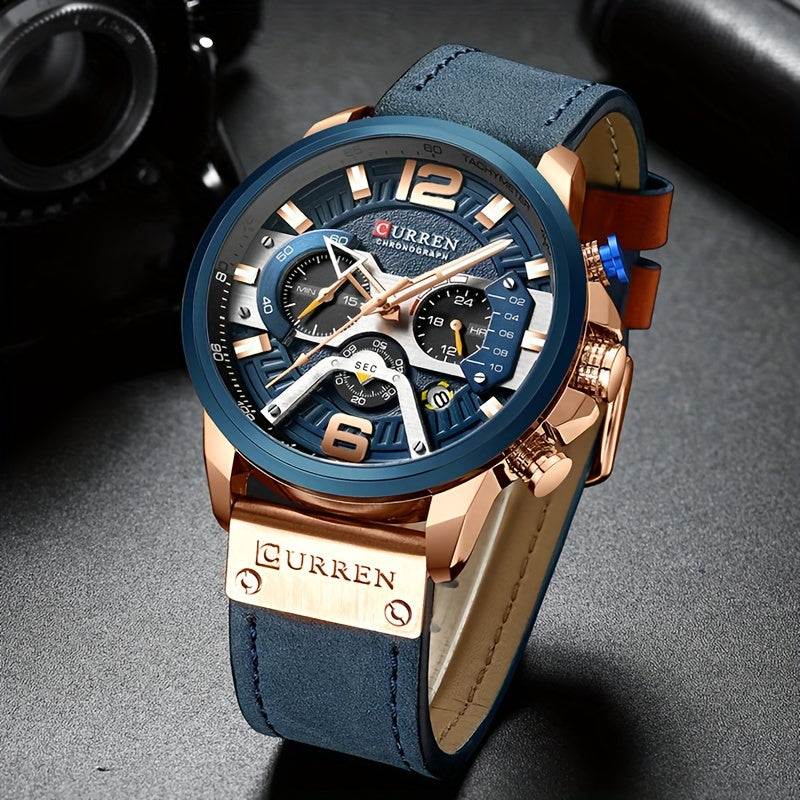CURREN Men's Chronograph Watch Business Quartz Analog Wrist Watch with Date Display, Tachymeter Bezel & Faux Leather Strap – Stylish Dress Watch for Men in 5 Colors