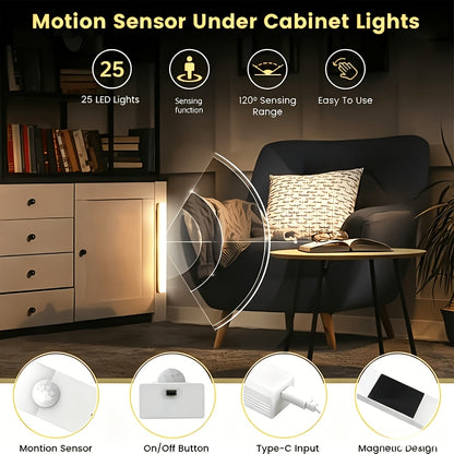6pcs Smart LED Motion Sensor Cabinet Light – USB-C Rechargeable, 3 Adjustable Modes, Magnetic Mount, Wireless Night Light for Kitchen, Closet, Bedroom, Stairs, Hallway & Bathroom