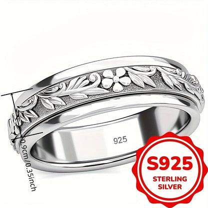 925 Sterling Silver Vintage Carved Leaf & Flower Wide Ring for Women – Elegant Boho Nature-Inspired Statement Band, Hypoallergenic Silver Jewelry Sizes 6-10 for Daily Wear Vacation Summer Gift