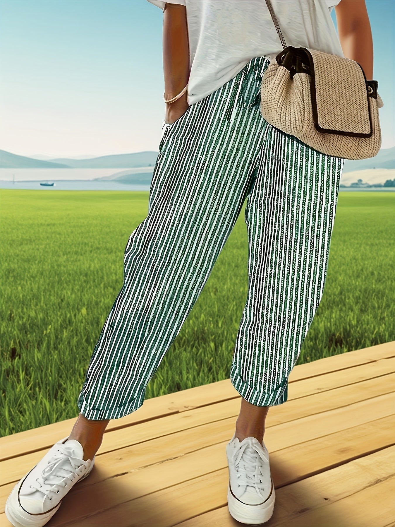 Women's High-Waisted Wide Leg Pants - Casual Loose Fit Side Stripe Trousers, Lightweight Breathable Polyester Fabric for Everyday Wear, Sizes S-XXL, Black Brown Green Blue Red