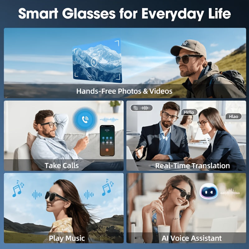 AI Smart Glasses with 8MP HD Camera Touch Control ChatGPT Real-Time Translation Wireless Calling Blue Light Protection Noise Reduction Dual Mics Photochromic Lens for Cycling Driving Travel Office