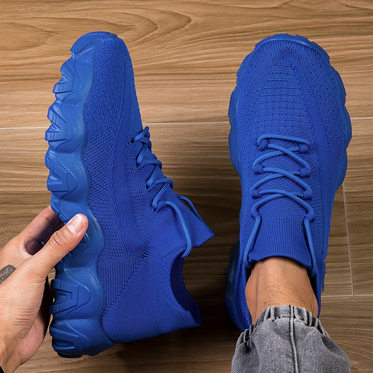 Men's Breathable Casual Sports Shoes – Lightweight Mesh Sneakers for Walking Running Gym Daily Wear, Silvery Grey Royal Blue Khaki Blue, Wide Sizes US 6.5–14, Comfortable Non-Slip Sole