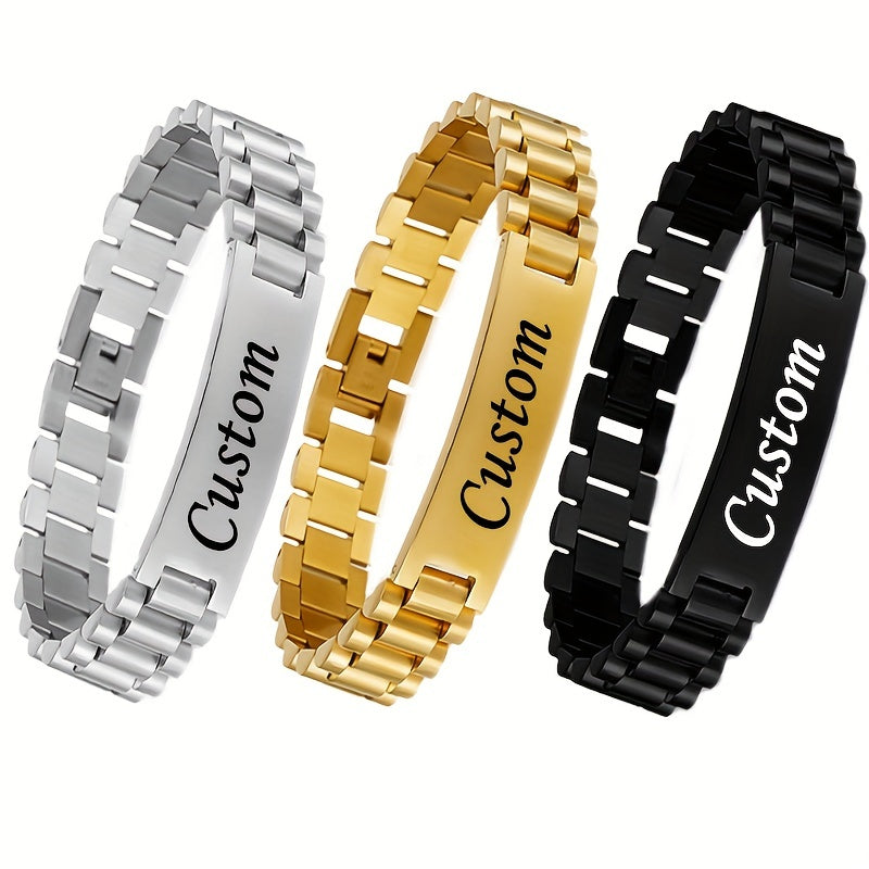 Men's Personalized Stainless Steel Bracelet – Custom Letter Engraving Punk Style, 304L Hypoallergenic Rust-Resistant Wrist Jewelry in Steel Gold Black, Birthday Father's Day Gift for Him Boyfriend Dad
