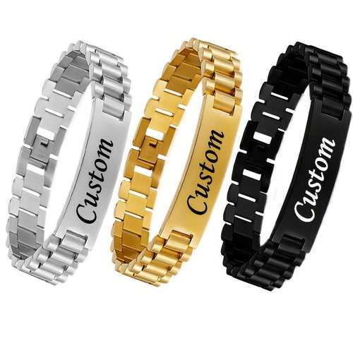 Men's Personalized Stainless Steel Bracelet – Custom Letter Engraving Punk Style, 304L Hypoallergenic Rust-Resistant Wrist Jewelry in Steel Gold Black, Birthday Father's Day Gift for Him Boyfriend Dad