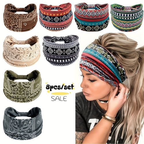 8pcs Wide African Turban Headbands for Women – Boho Paisley Anti-Slip Elastic Headwraps for Sports, Yoga, Running & Daily Wear, Moisture-Wicking Hair Accessories Set