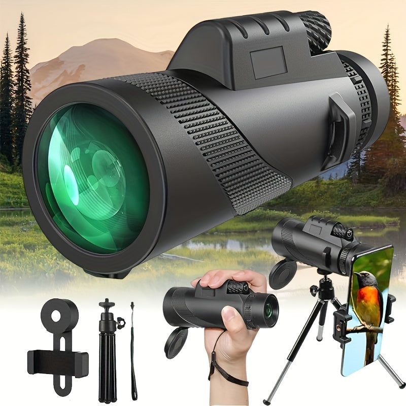 10x42 HD Monocular Telescope with Phone Adapter & Tripod – FMC Lens Compact Scope for Bird Watching, Wildlife, Hiking, Camping, Concerts & Sports – Black & Green, Christmas Gift