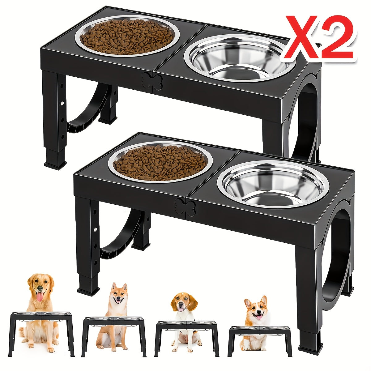 Elevated Dog Bowls Foldable Raised Feeder Stand – 2 Stainless Steel Bowls, Adjustable 5 Heights, Non-Slip, Portable Dog Food Water Bowl for Small Medium Large Dogs & Cats, 2-Pack