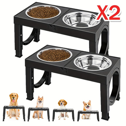 Elevated Dog Bowls Foldable Raised Feeder Stand – 2 Stainless Steel Bowls, Adjustable 5 Heights, Non-Slip, Portable Dog Food Water Bowl for Small Medium Large Dogs & Cats, 2-Pack