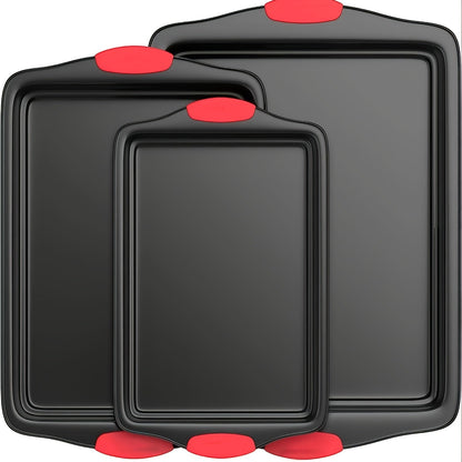 Carbon Steel Nonstick Baking Pan Set 3/9 Pcs – Commercial Grade Oven Safe Bakeware with Red Silicone Handles, Non-stick Inside & Outside, Restaurant Quality Kitchen Cookware for Home Baking