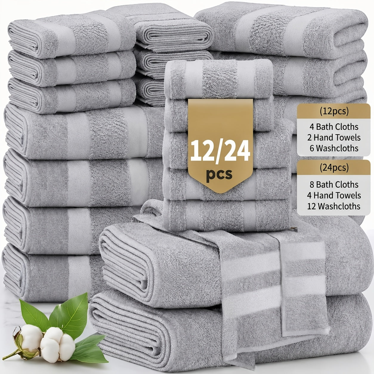 Cotton Bath Cloths Set 12 or 24 Piece – Hotel Quality Highly Absorbent Quick-Dry Washcloths for Bathroom Spa Gym Home Dark Gray Blue White Purple Orange
