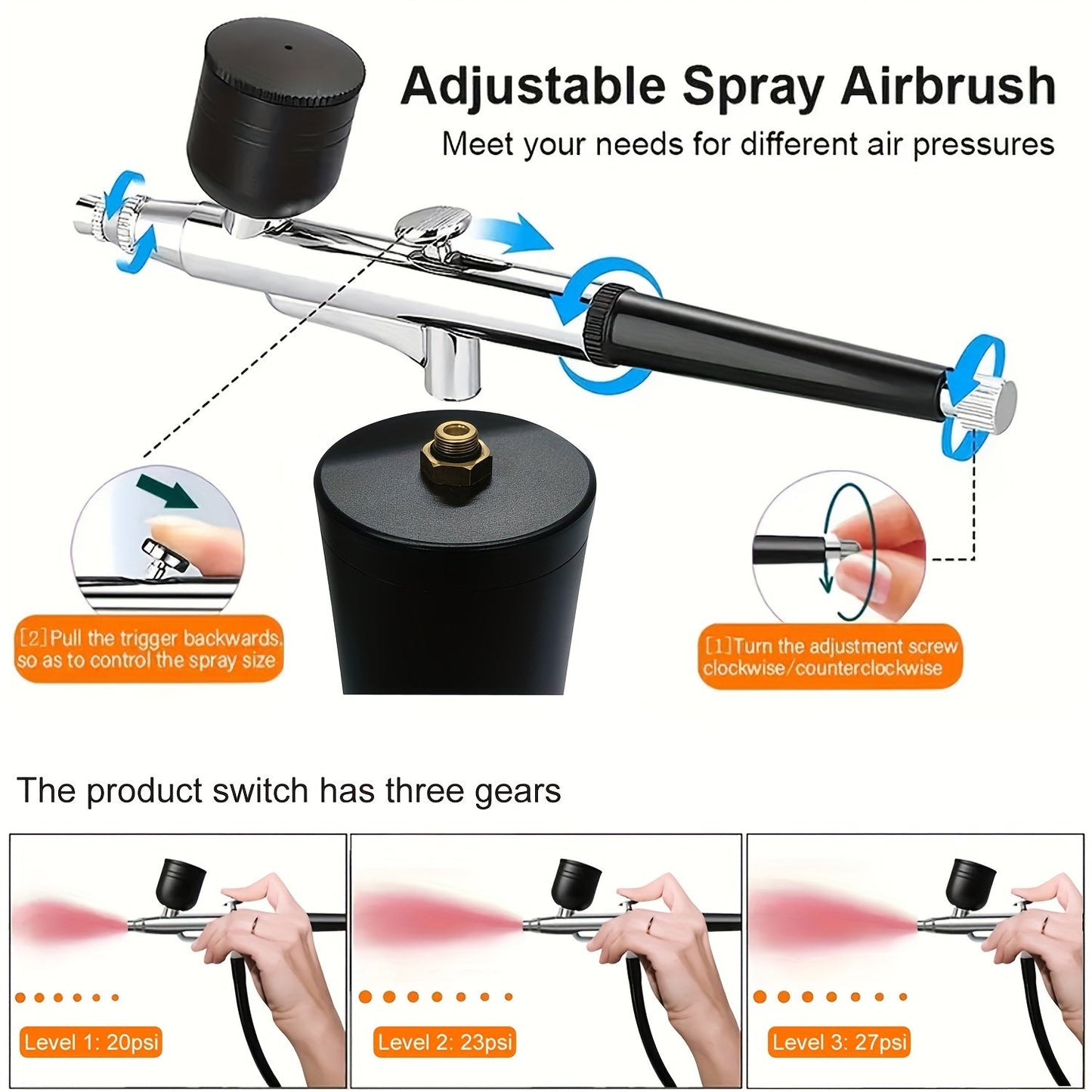 Cordless Airbrush Kit with Compressor Rechargeable 0.3mm Nozzle 3-Speed Pressure – Portable Airbrush Set for Makeup, Nail Art, Cake Decorating, Model Painting & Body Art