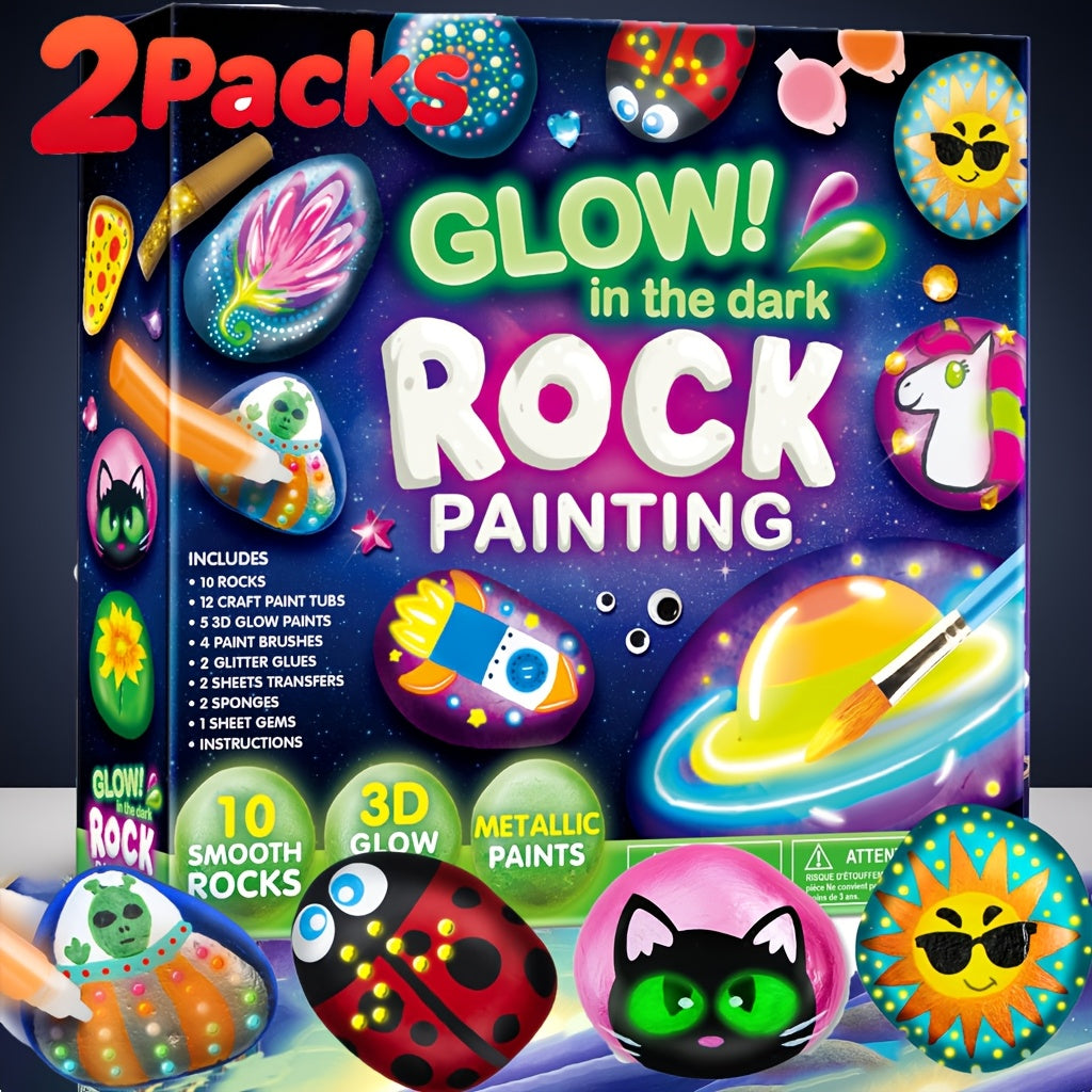 Glow in the Dark Rock Painting Kit for Kids Ages 6+ – Complete Arts & Crafts Set with 10 Rocks, 17 Paints, Gems, Brushes & Stickers | STEM Creative Art Toy Gift for Boys & Girls, Birthday & Easter