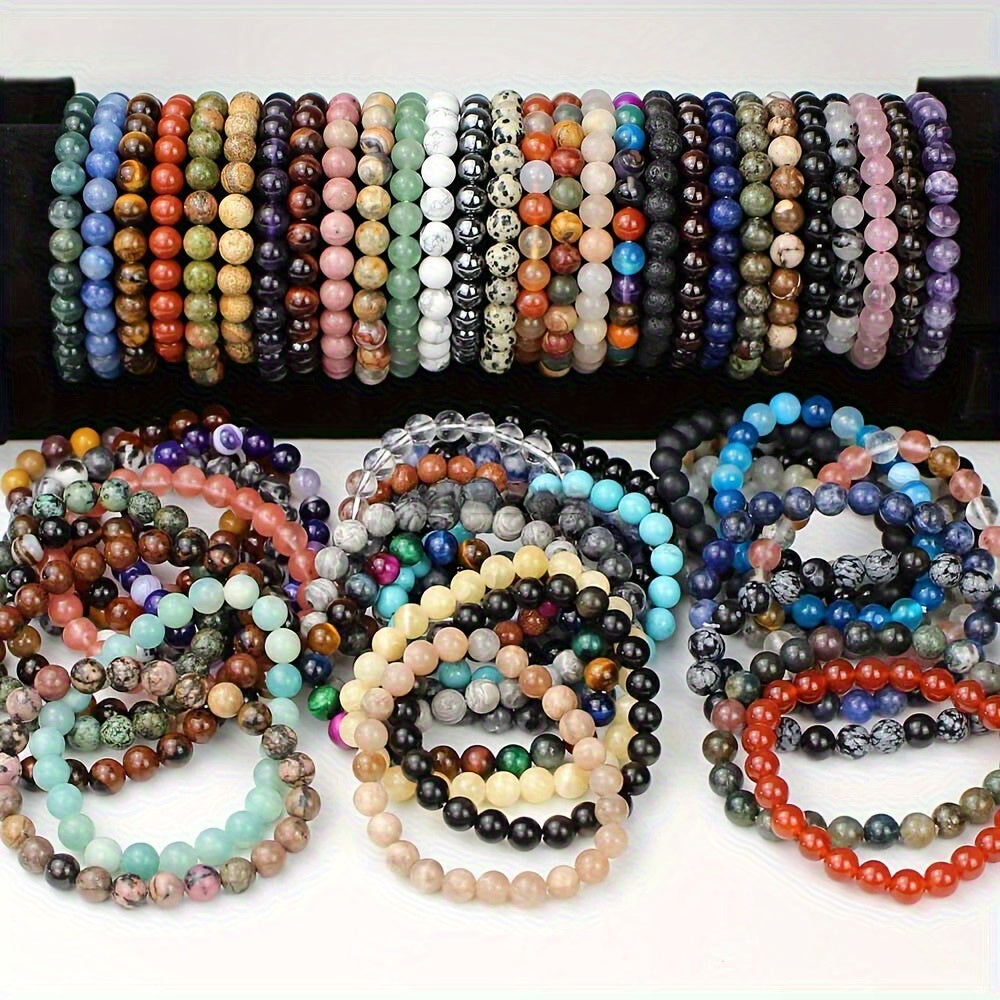 20-Pack Colorful Natural Stone Bead Bracelets – Handmade Elastic Wristband, Random Color Mix, Boho Vintage Style, Unisex Stackable Jewelry for Women & Men