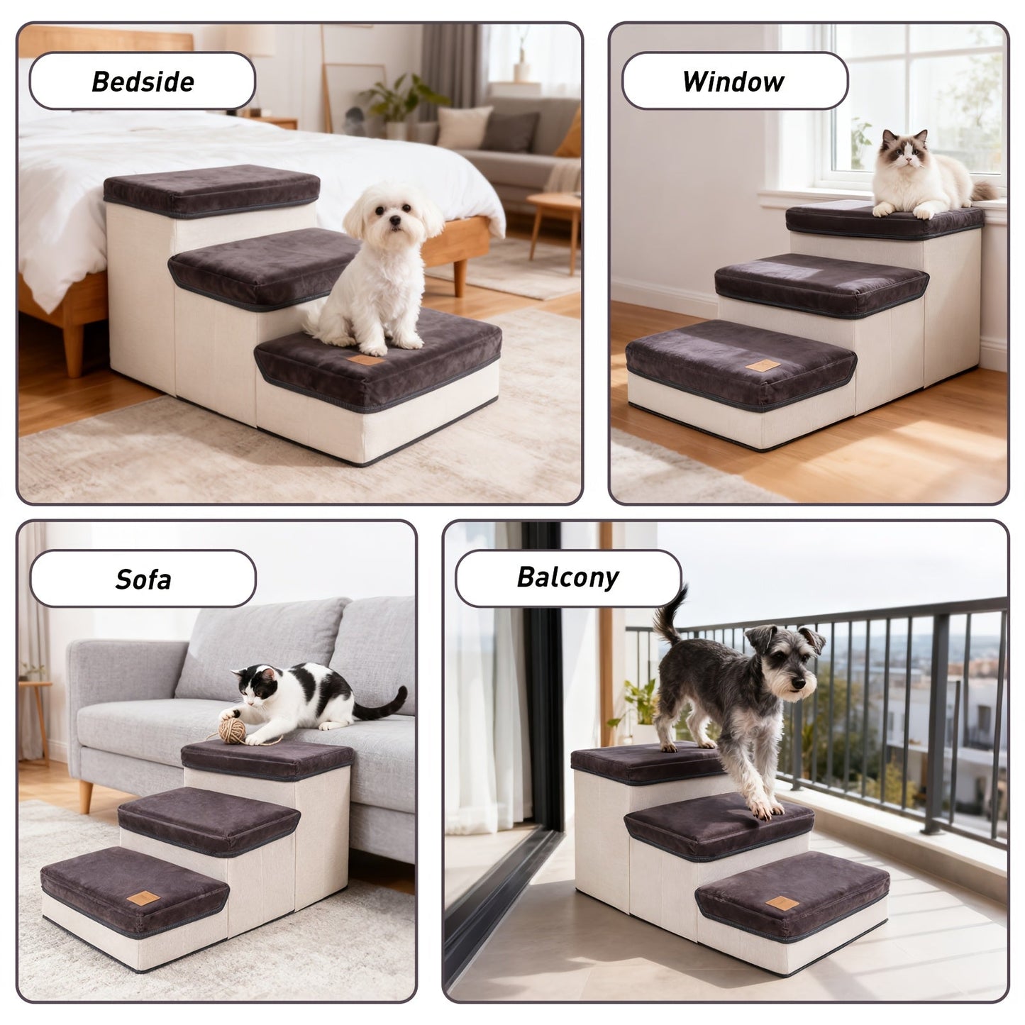 3-Tier Foldable Dog Stairs for Small Dogs – Non-Slip Nylon Pet Ramp for High Beds & Sofas, Compact Foldable Design, Brown & White, Includes Bonus Chicken Leg Plush Toy