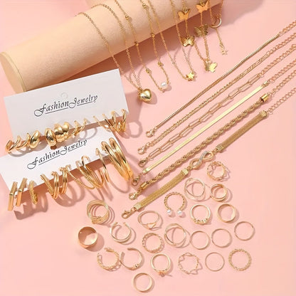 57-Piece Boho Jewelry Set for Women - Bracelets Rings Anklets Earrings Necklaces Gold Silver Elegant Layering Accessories for Daily Wear Vacation Beach Festival & Gift