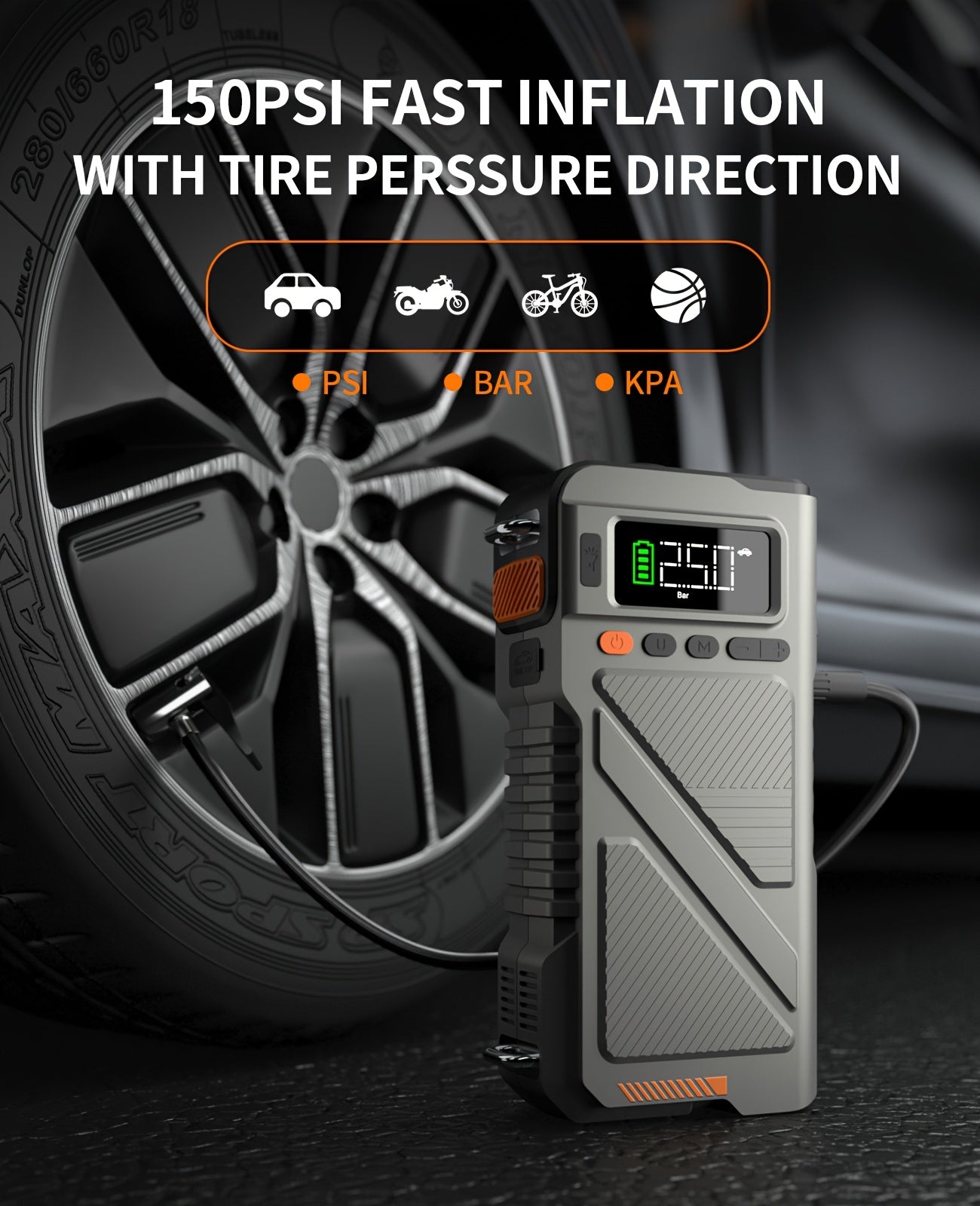 6000A/9000A Portable Jump Starter with 150 PSI Air Compressor – 7-in-1 Jump Box with Digital Tire Inflator & Battery Pack for Gas (10L) & Diesel (9.0L) Engines, Car Jumper Starter with USB Ports
