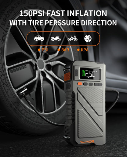 6000A/9000A Portable Jump Starter with 150 PSI Air Compressor – 7-in-1 Jump Box with Digital Tire Inflator & Battery Pack for Gas (10L) & Diesel (9.0L) Engines, Car Jumper Starter with USB Ports