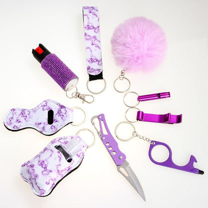 Women's Personal Safety Keychain Set with Whistle Pocket Knife and Spray Compact Self Defense Accessories for Daily Outings Holiday Birthday Gift 6 Colors