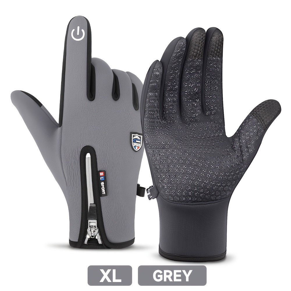 Windproof Waterproof Winter Sports Gloves with Touchscreen & Anti-Slip Grip – Warm Cycling Skiing Gloves for Men & Women, 100% Polyester, Zipper Closure, Sizes M-XL