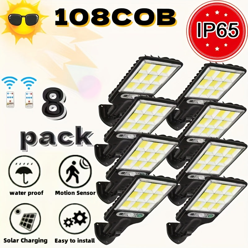 Solar Security Wall Light 108COB LED Motion Sensor with Remote Control – 3 Working Modes, Outdoor Waterproof Spotlight for Garden Patio Porch Garage Door – 2/4/6/8 Pack, Holiday Gift