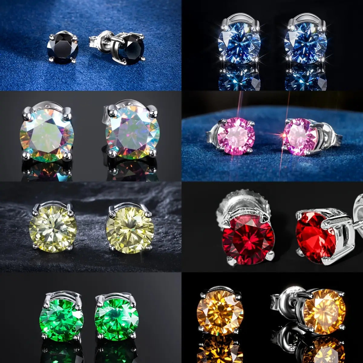 4 Pairs VVS1 Moissanite Stud Earrings Set in S925 Sterling Silver – Round Cut Colorful CZ Studs in Champagne, Olive, Red, Pink, Green & Blue for Men & Women, Party & Daily Wear