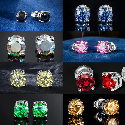 4 Pairs VVS1 Moissanite Stud Earrings Set in S925 Sterling Silver – Round Cut Colorful CZ Studs in Champagne, Olive, Red, Pink, Green & Blue for Men & Women, Party & Daily Wear