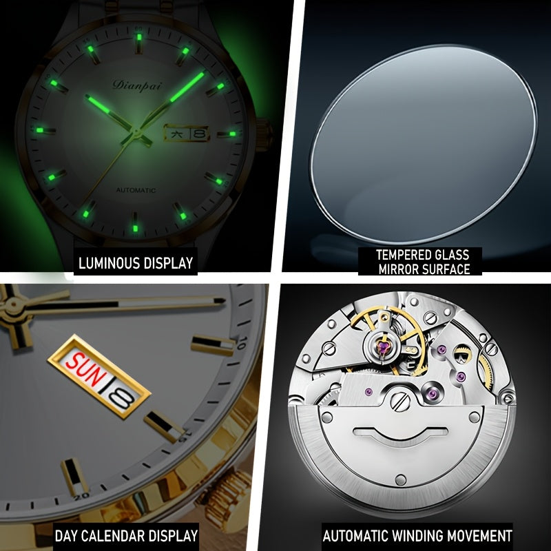 Men's Automatic Self-Winding Mechanical Watch – Slim Stainless Steel Band, Luminous Hands, Calendar Display, No Battery Needed – Luxury Business Dress Watch Gift