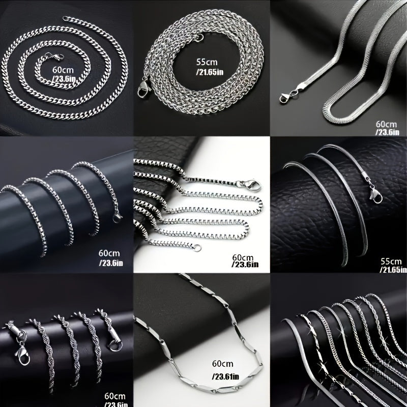 8pcs Men's Stainless Steel Necklace Set – Cuban Chain & Twisted Chain Hip Hop Street Style, Durable Fashion Chains for Men, Perfect Gift for Boyfriend, Son, Father's Day & Birthday