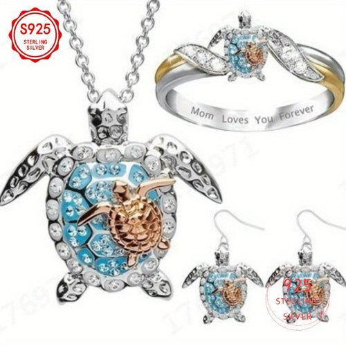 Turtle Jewelry Set for Women – S925 Silver Gold-Tone Necklace, Earrings & Ring with Cubic Zirconia, Boho Elegant 3-Piece Set for Daily Wear, Birthday Gift, Valentine's Day & Women's Gift