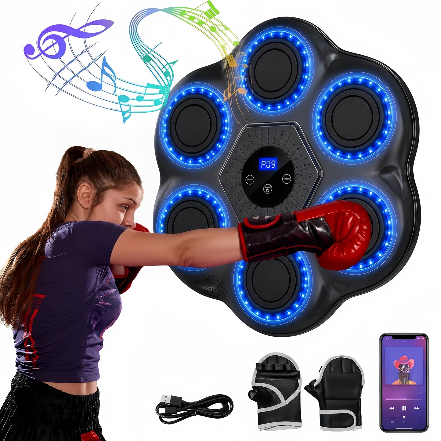 Wall Mounted Music Boxing Machine with LED Lights & Wireless Bluetooth – 9 Speed Levels, 9 Modes, Intelligent Hit Counter, Adjustable Height, No-Drill Install, Home Gym Punching Trainer with Free Boxing Gloves