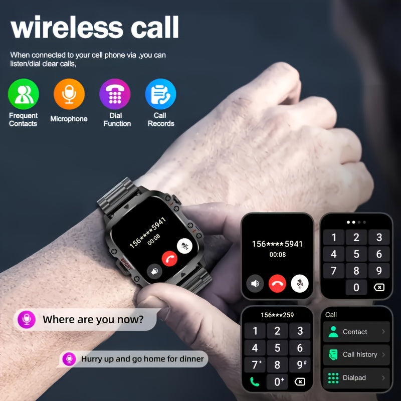 Men's Outdoor Smart Watch 1.81 Inch HD Touchscreen Wireless Calling LED Multiple Sports Modes USB Charging Fitness Tracker Compatible with Android iPhone Silicone Stainless Steel Band Black Gold