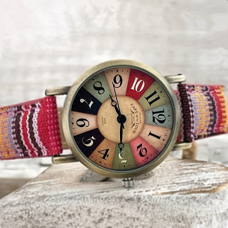 Colorful Bohemian Women’s Quartz Watch – Striped Band Analog Wristwatch with Stainless Steel Case, Shock Resistant, Fun Boho Style for Daily Wear & Gifts