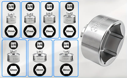 7-Piece Oil Filter Socket Wrench Set 3/8" Drive CR-V Steel 24mm 27mm 29mm 30mm 32mm 36mm 38mm - Universal Oil Filter Removal Tool Kit for Car Oil Changes