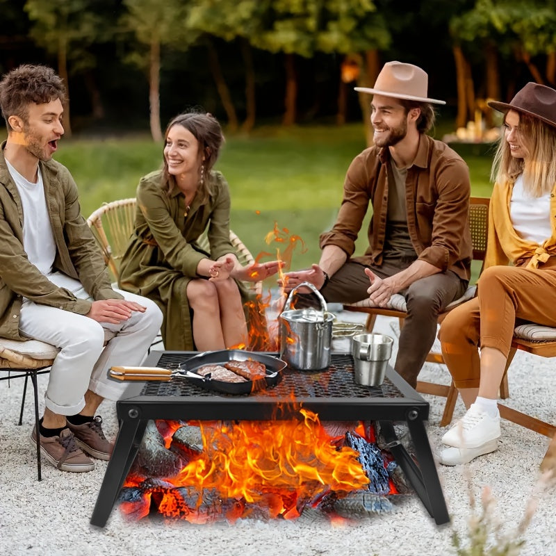 Heavy Duty Bonfire Campfire Grill with Firewood Rack – Outdoor BBQ Grill for Camping, RV, Picnic & Backyard, Includes Storage Bag, Food Clips & Cleaning Cloth, Perfect Men's Gift