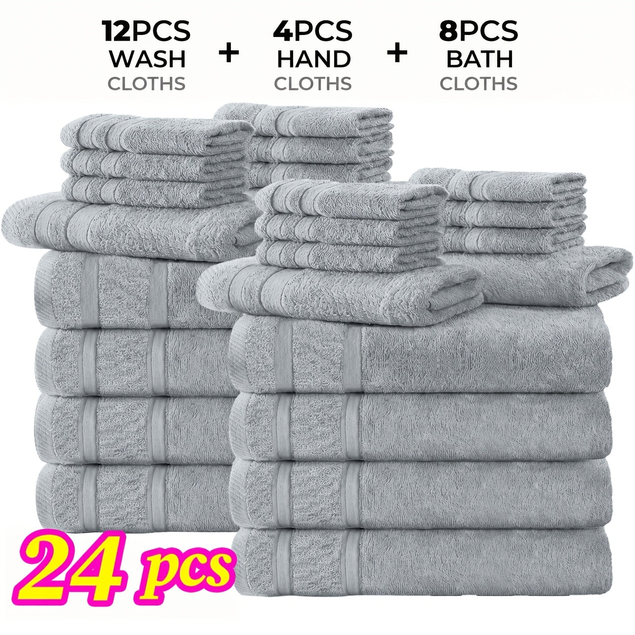 Cotton Bath Cloths Set 12 or 24 Piece – Hotel Quality Highly Absorbent Quick-Dry Washcloths for Bathroom Spa Gym Home Dark Gray Blue White Purple Orange