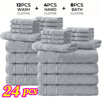 Cotton Bath Cloths Set 12 or 24 Piece – Hotel Quality Highly Absorbent Quick-Dry Washcloths for Bathroom Spa Gym Home Dark Gray Blue White Purple Orange