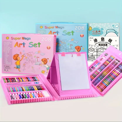 228 Pcs Kids Art Painting Set with Easel, Complete Beginner Drawing Kit for Children Ages 3-12, Includes Sketchbook, Coloring Book, Acrylic Markers, Watercolor Pens, Oil Pastels, Colored Pencils & Eraser