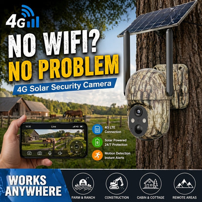4G LTE Solar Security Camera Outdoor Wireless – No WiFi Needed, 4K Night Vision, 360° Live View, Two-Way Audio, Waterproof Trail Camera for Hunting, Farm, Ranch & Wildlife Monitoring