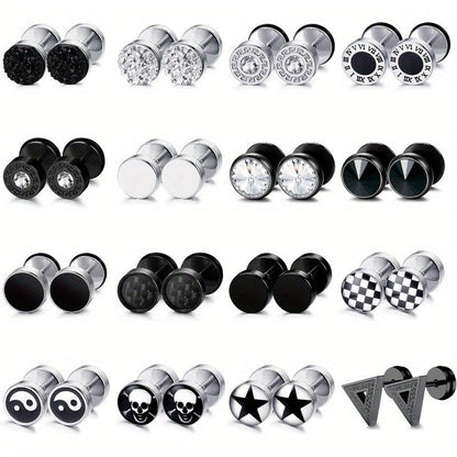16-Pair Fake Gauge Stud Earrings for Men & Women – 316L Stainless Steel Faux Plug Screw Barbell Ear Studs, 8mm Black & Silver Assorted Styles, Hypoallergenic Earring Set Gift