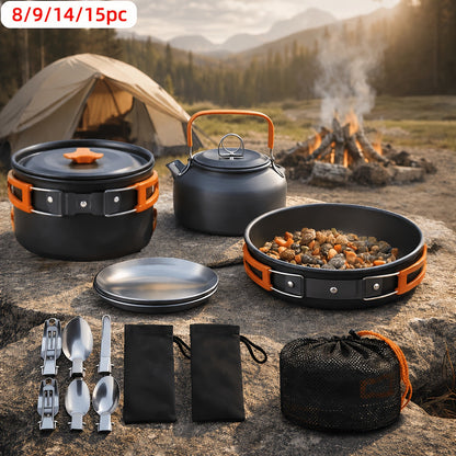 Camping Cookware Mess Kit 8/9/14/15 Piece, Portable Non-Stick Aluminum Alloy Camp Cook Set with Kettle Pot Frying Pan Plates Utensils, Lightweight Backpacking Outdoor Cooking Gear for Hiking & Travel