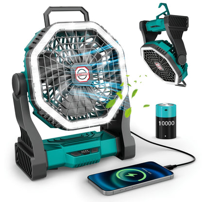 Rechargeable Portable Camping Fan with LED Light & Hanging Rope - 4-Speed USB Battery Powered Tent Fan for Outdoor Travel Indoor Home