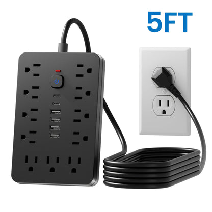 Surge Protector Power Strip 11 AC Outlets | 4 USB-A & 2 USB-C Ports, Overload Protection, Short/5FT/10FT Extension Cord – Multi-Outlet Power Socket for Home, Office, Desk & School – White & Black