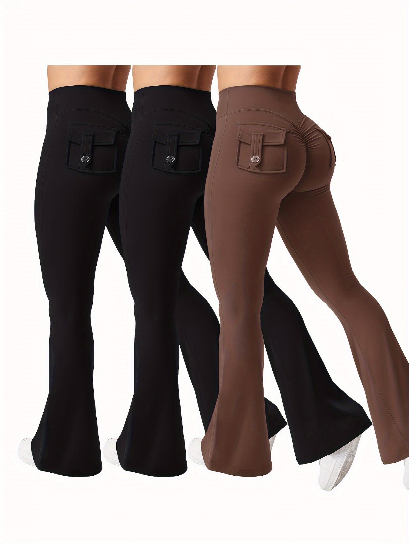 Women's 3-Piece High Waist Flare Yoga Pants Set with Belt and Pockets, Scrunch Butt Lifting Squat Proof 90% Polyester Stretchy Flared Leggings for Workout Gym Running Casual Wear