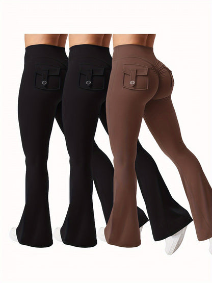Women's 3-Piece High Waist Flare Yoga Pants Set with Belt and Pockets, Scrunch Butt Lifting Squat Proof 90% Polyester Stretchy Flared Leggings for Workout Gym Running Casual Wear