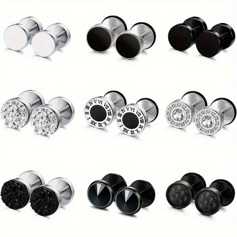 16-Pair Fake Gauge Stud Earrings for Men & Women – 316L Stainless Steel Faux Plug Screw Barbell Ear Studs, 8mm Black & Silver Assorted Styles, Hypoallergenic Earring Set Gift