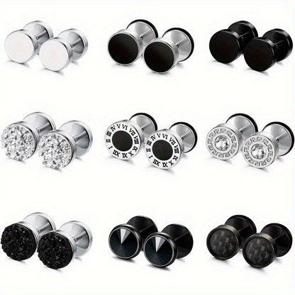 16-Pair Fake Gauge Stud Earrings for Men & Women – 316L Stainless Steel Faux Plug Screw Barbell Ear Studs, 8mm Black & Silver Assorted Styles, Hypoallergenic Earring Set Gift