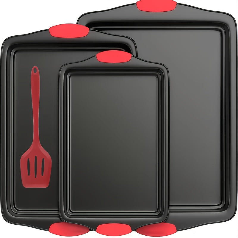 Carbon Steel Non-Stick Baking Pan Set 3-Piece – Commercial Restaurant Grade Oven Safe Bakeware with Red Silicone Handle Double-Sided Coating Sheet Pan Cookie Tray Roasting Pan