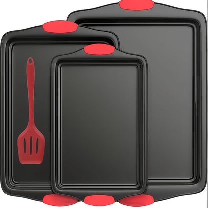 Carbon Steel Non-Stick Baking Pan Set 3-Piece – Commercial Restaurant Grade Oven Safe Bakeware with Red Silicone Handle Double-Sided Coating Sheet Pan Cookie Tray Roasting Pan